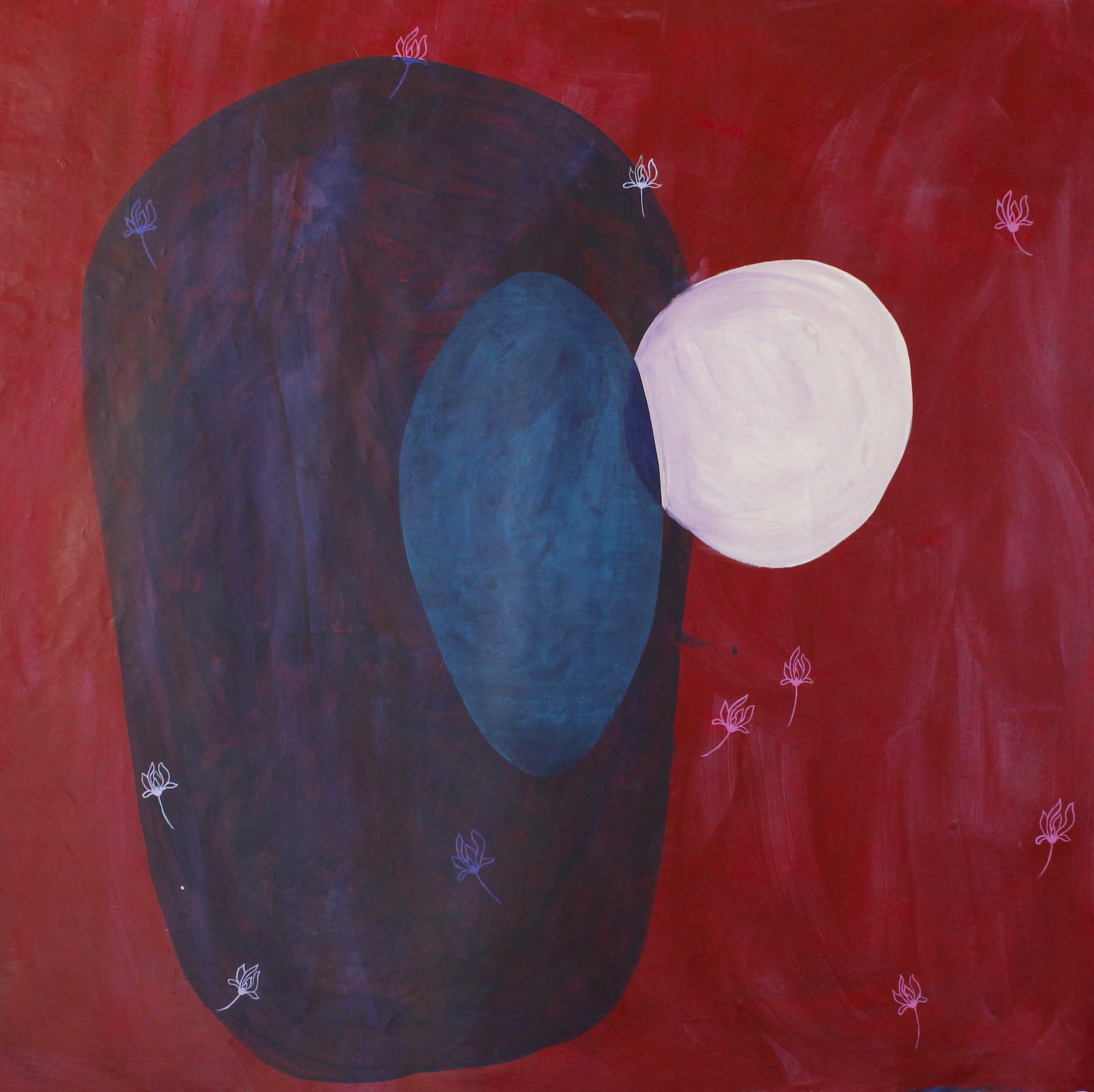 Painting with red background, large blue circle in center with a white circle on the right
